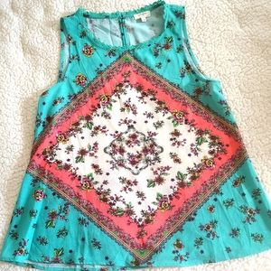 Umgee Mint/Aqua/Teal/Coral/Lime Floral Bandanna Sleeveless Tank Top Lace Keyhole